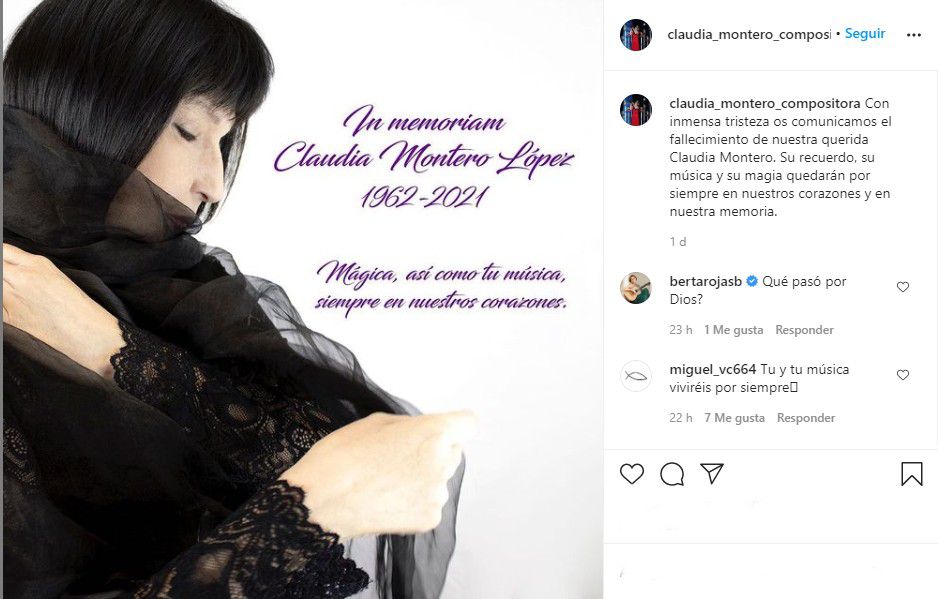 La noticia de la muerte fue comunicada a través de las redes sociales. (Foto: Instagram/@claudia_montero_compositora)