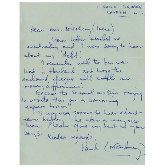 Carta de Paul McCartney que forma parte de una subasta (Foto: Tracks LTD).