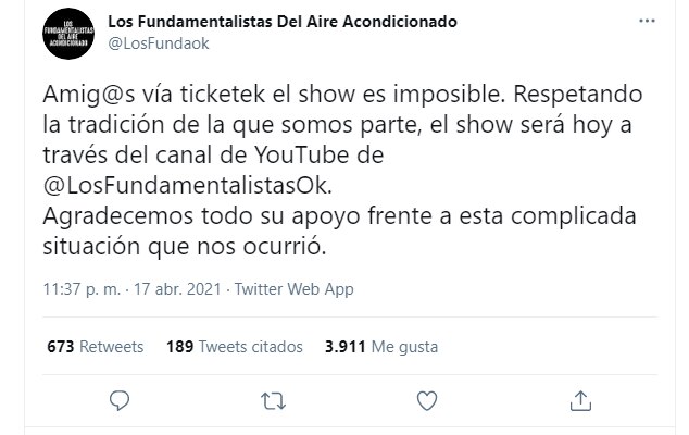 El mensaje de la banda ante las dificultades técnicas. (Foto: Captura Twitter/@LosFundaok)