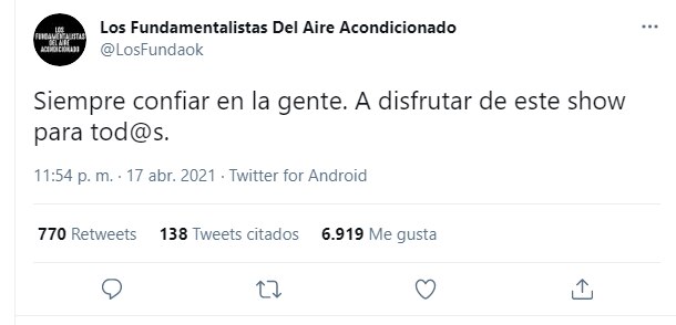 El comunicado de la banda. (Foto: Captura Twitter/@LosFundaok)