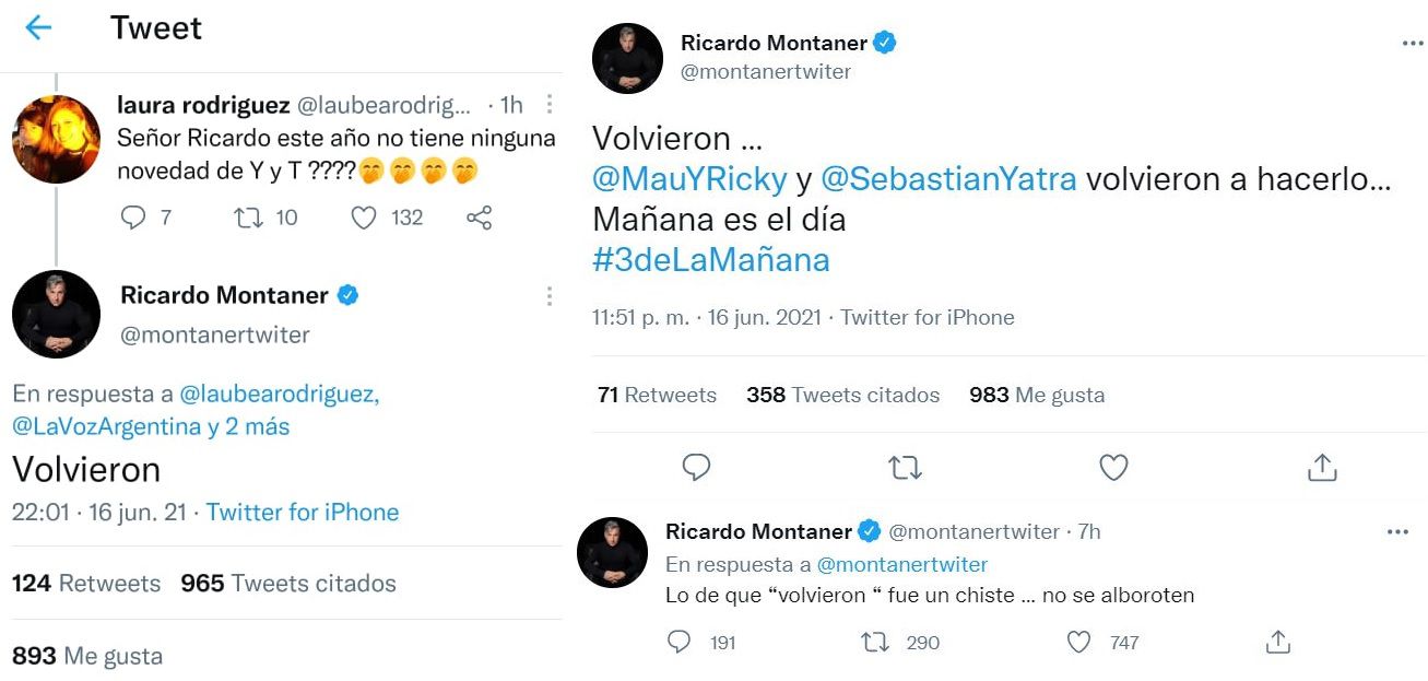 "Volvieron", contestó Montaner cuando le preguntaron por "Y y T". Después lo corrigió al darse cuenta que había metido la pata. (Foto: Twitter/montanertwiter).