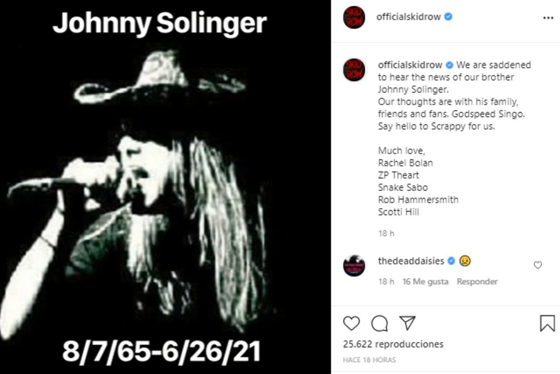 El posteo de Skid Row en el que confirman la muerte de Johnny Solinger. (Foto: Instagram @officialskidrow)