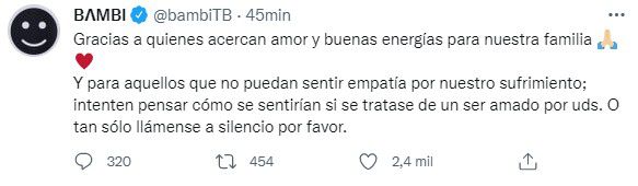 EL músico reclamó empatía en las redes sociales. (Foto: Twitter / bambitb)