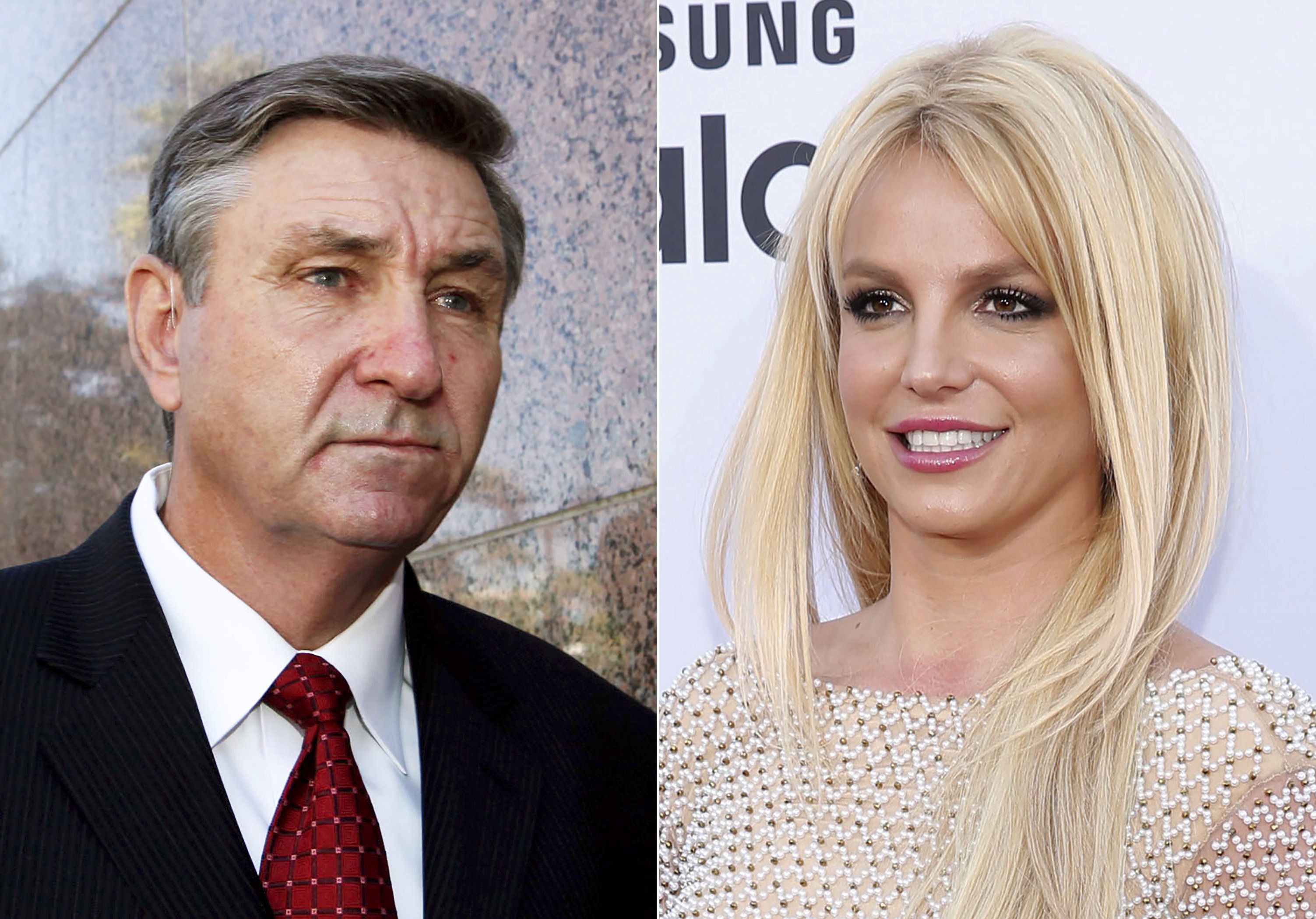 Jamie Spears, padre de la cantante Britney Spears, sale de la Corte Stanley Mosk en Los Angeles el 24 de octubre de 2012, izquierda, y Britney Spears llega a los Billboard Music Awards en Las Vegas el 17 de mayo de 2015. El padre de Spears pidió a la corte que supervisa la tutela de su hija que investigue las declaraciones que hizo a un juez la semana pasada sobre el control de sus tratamientos médicos y asuntos personales. James Spears subrayó que en 2019 él renunció a los poderes sobre los asuntos personales de su hija y que sólo tiene control sobre sus finanzas. (Foto AP)