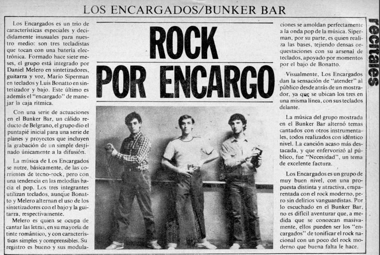 Fragmento de una entrevista a Los Encargados, en 1982, a la revista Pelo. Mario Siperman, el primero de la derecha.