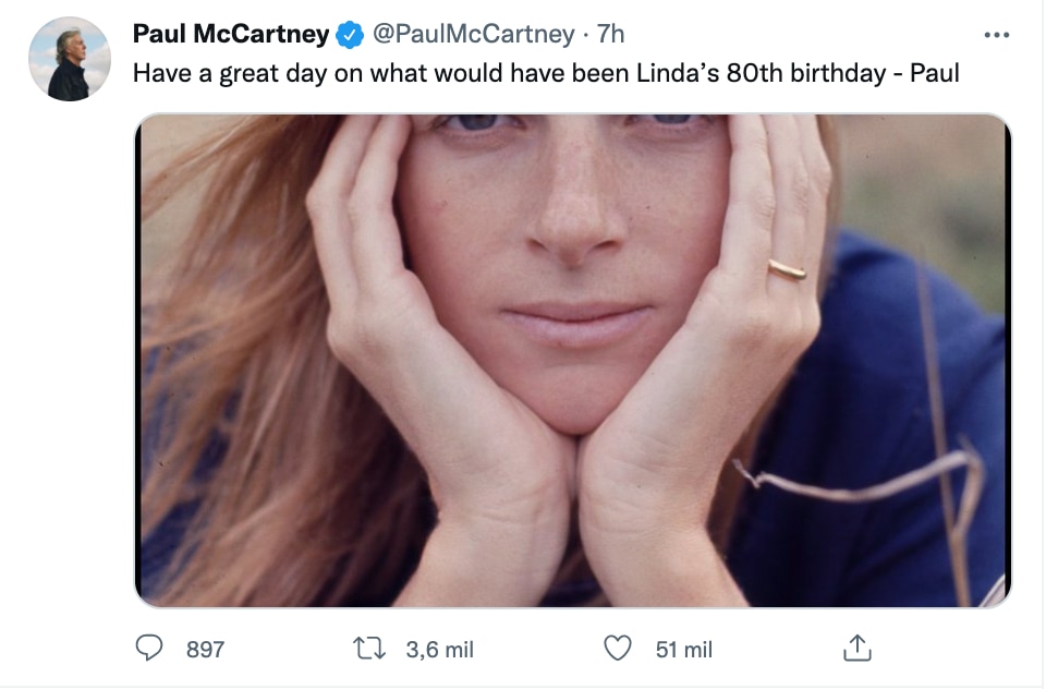 El tweet de Paul Mc Cartney recordando a su compañera Linda el día que cumpliría años.