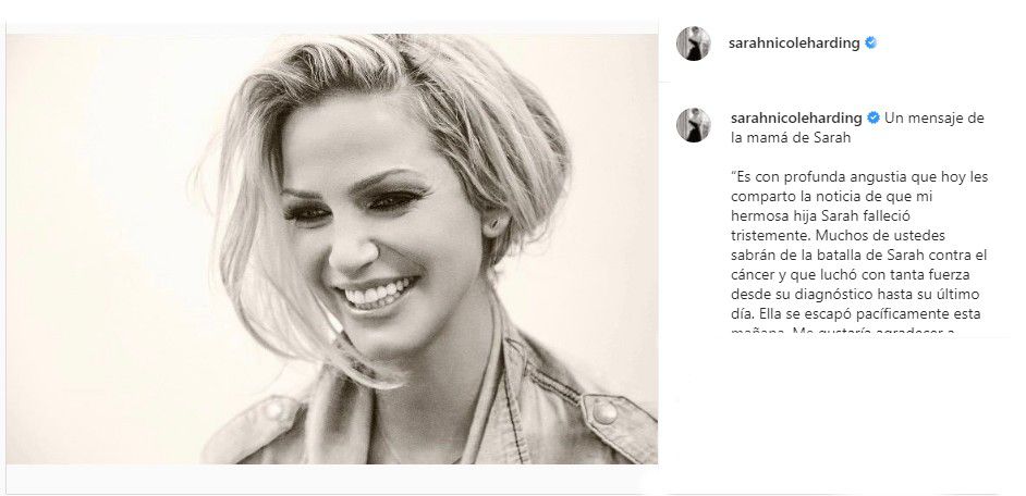 La madre de Sarah Harding compartió la noticia en sus redes sociales. (Foto: Captura Instagram/@
sarahnicoleharding)