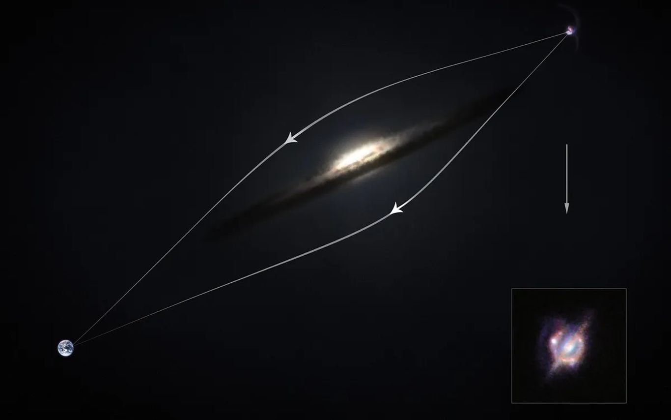Esta imagen muestra cómo el efecto de lente gravitacional alrededor de una galaxia enfoca la luz proveniente de la fusión de galaxias formadoras de estrellas muy distantes, creando una visión distorsionada, pero más brillante y detectable. (Foto: ESA/ESO/M. Kornmesser)