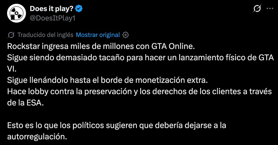 Uno de los tantos tuits con quejas por la decisión de Rockstar para GTA VI. (Foto: Captura/X)