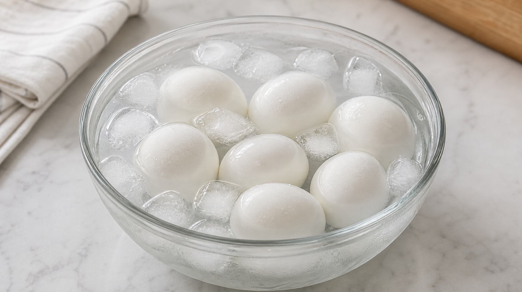 Al poner los huevos calientes en agua fría, el choque térmico los contrae y facilita el pelado. (Imagen ilustrativa generada con IA).