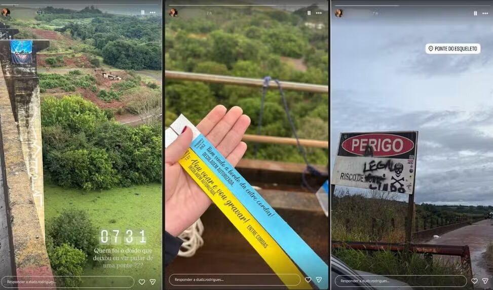 Las historias que subió la víctima antes de la tragedia. En una de ellas escribió: “¿Quién fue el loco que me dejó saltar de un puente?”. (Foto: G1)