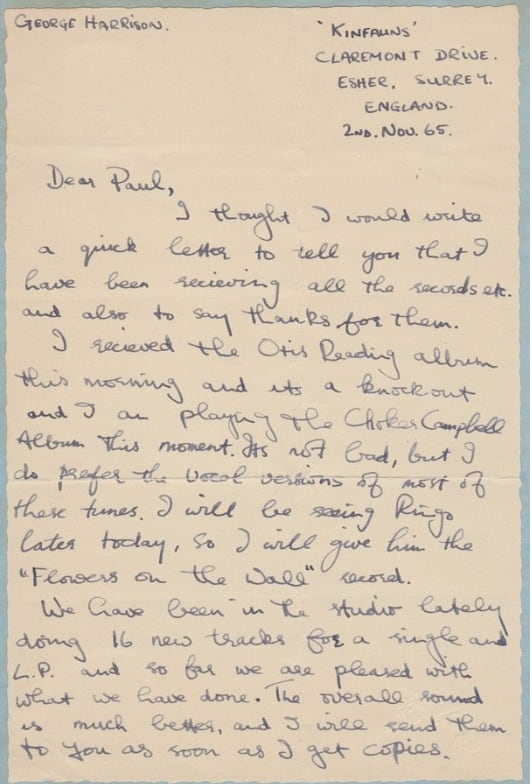 Carta que le mandó George Harrison a un amigo DJ en los Estados Unidos (Foto: RecordMecca).