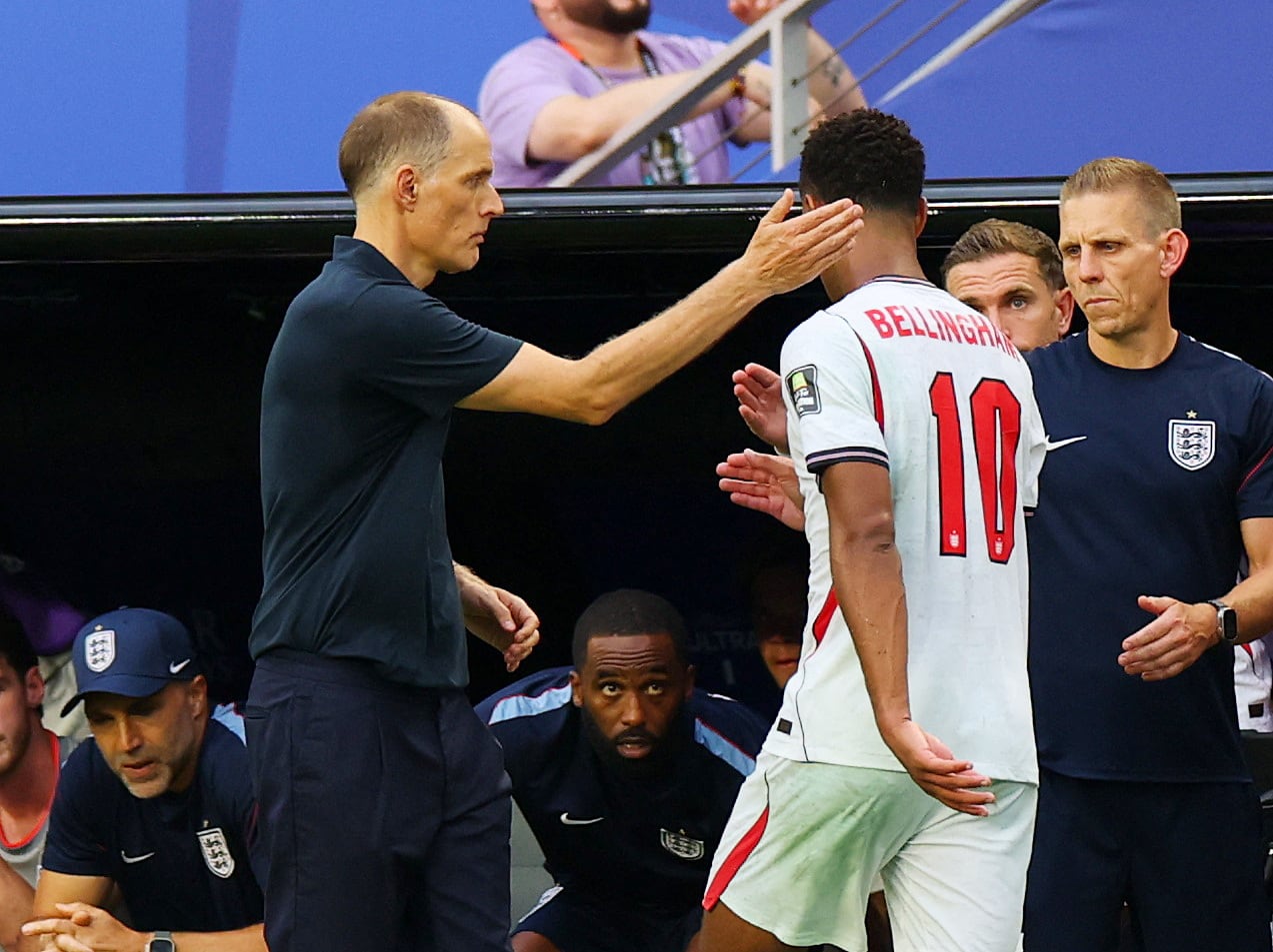 Soccer Football - FIFA World Cup 2026 - Quarter Final - Norway v England - Miami Stadium, Miami Gardens, Florida, U.S. - July 11, 2026 England's Jude Bellingham comes off as a substitute for Dan Burn REUTERS/Mike Segar