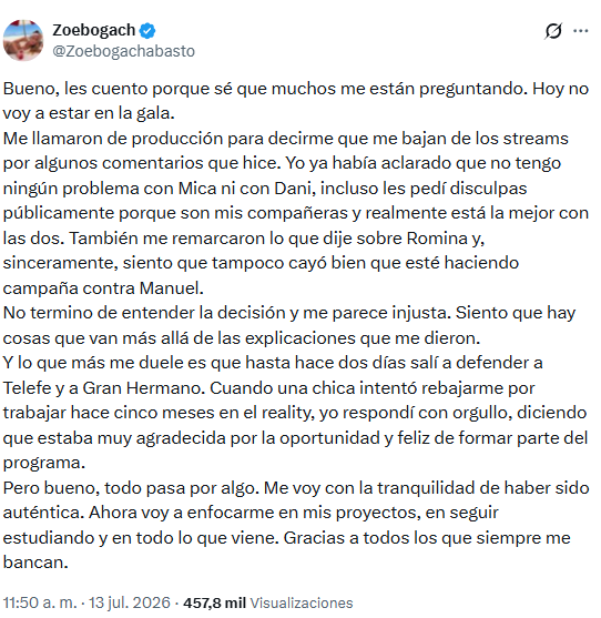 Zoe Bogach contó que irá al stream tras la desvinculación: “No termino de entender la decisión y me parece injusta” (Foto: Captura X /Zoebogachabasto)