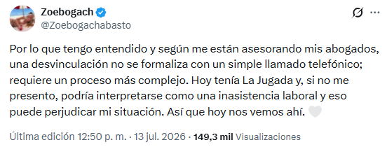 Zoe Bogach contó que irá al stream tras la desvinculación: “No termino de entender la decisión y me parece injusta” (Foto: Captura X /Zoebogachabasto)
