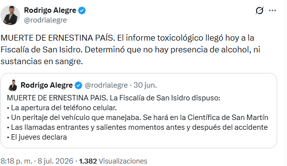 El periodista de TN Rodrigo Alegre reveló los resultados del examen toxicológico a Ernestina Pais (Foto: captura Instagram/rodrialegre)