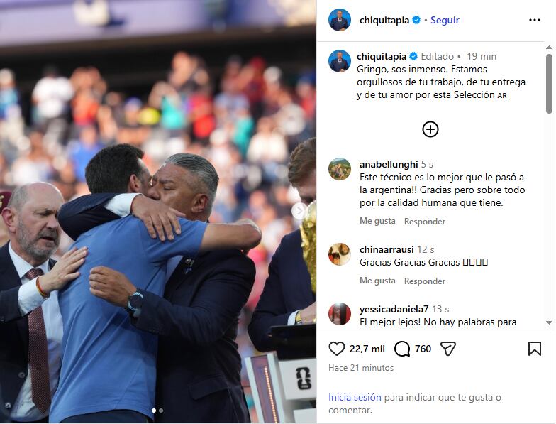 El mensaje de Chiqui Tapia para Lionel Scaloni. (Foto: Captura Instagram / @Chiquitapia)