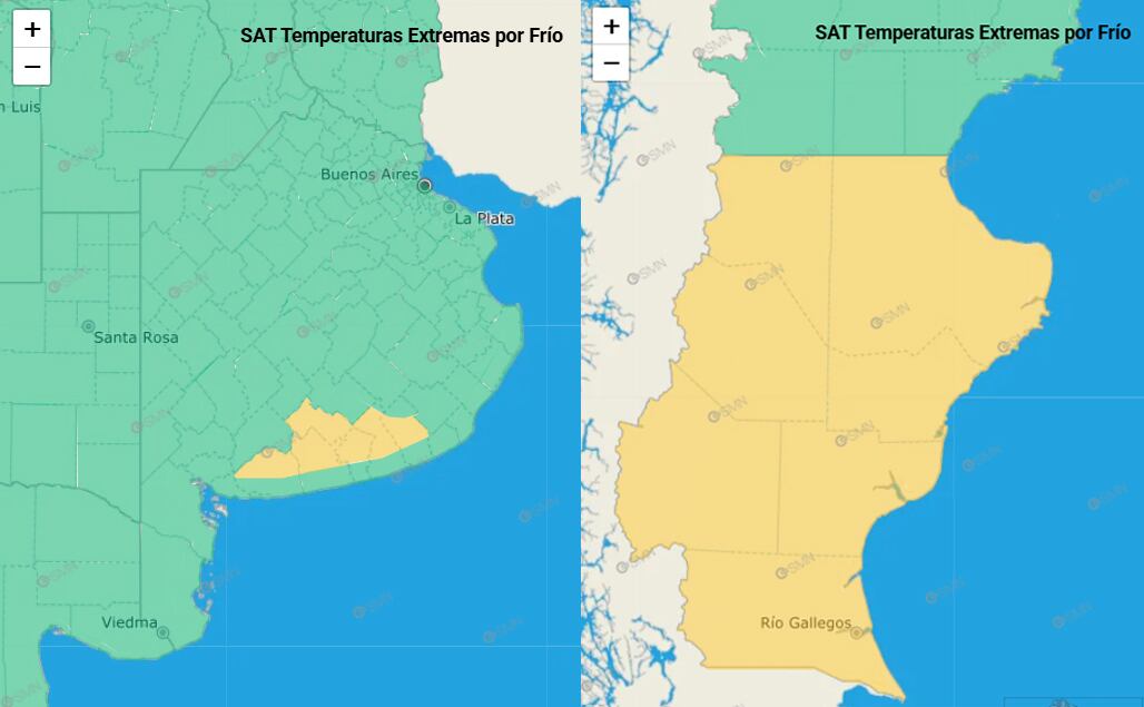 Las zonas afectadas por frío extremo para hoy. (Captura: smn.gob.ar)