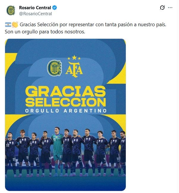 El posteo del Canalla tras la derrota de Argentina ante España. (Foto: @RosarioCentral/X)