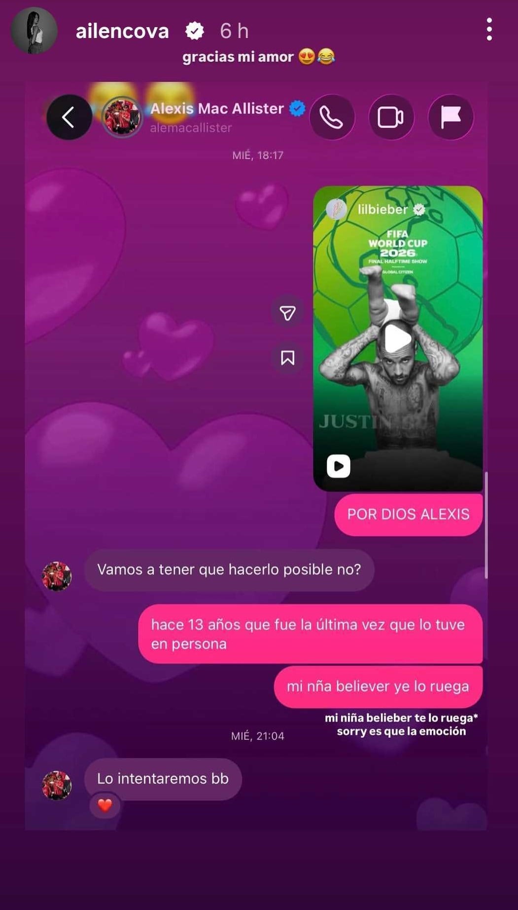 Ailén Cova quiere saludar a Justin Bieber y le pidió a Alexis Mac Allister que le cumpla el sueño. El canadiense cantará en la final del Mundial 2026. (Foto: instagram/ailencova)
