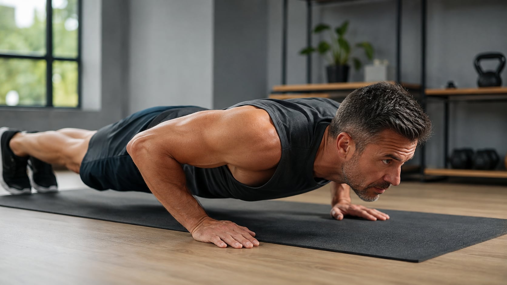 Para las personas mayores de 40 años que quieren fortalecer los brazos, Vázquez recomendó el curl de biceps, las flexiones y la extensión de triceps. (Imagen ilustrativa generada con IA)