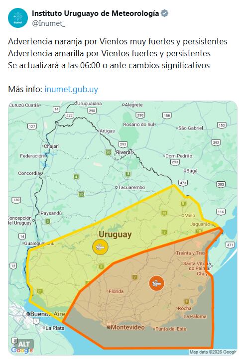 El Gobierno activó un operativo de emergencia ante el pronóstico de ráfagas que podrían superar los 120 kilómetros por hora en la costa. (Foto: X/@Inumet)