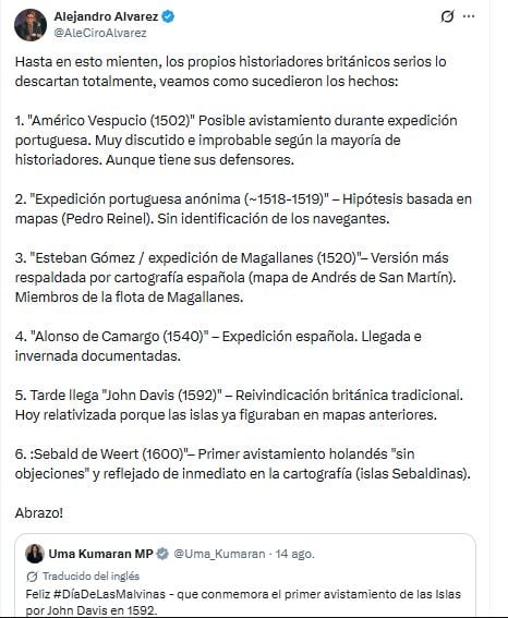 El cruce del funcionario argentino con la representante británica. (Foto: captura X @AleCiroAlvarez)