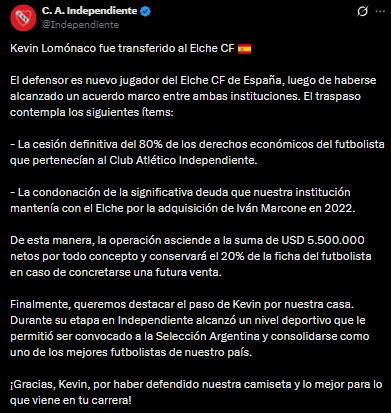 Independiente confirmó la venta de Lomónaco a Elche. (Foto: Captura).