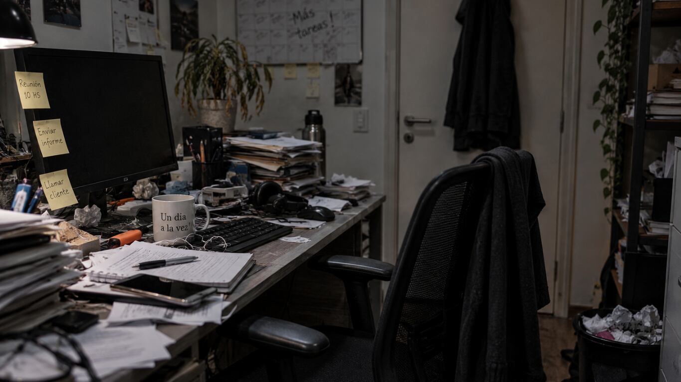 Un escritorio desordenado, con cables, papeles y objetos acumulados, genera una sensación de saturación y es una de las distribuciones que el Feng Shui desaconseja para trabajar (Imagen creada con IA).