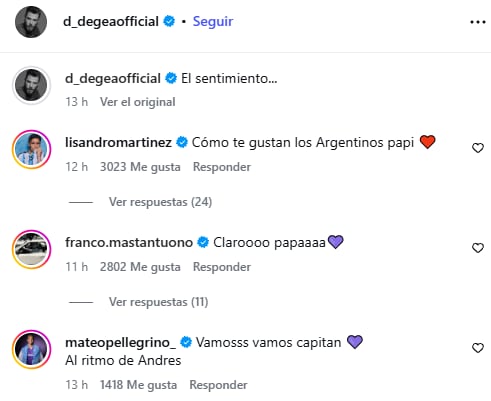 Lisandro comentó la publicación de De Gea junto a Mastantuono y Pellegrino. (Foto: Captura).