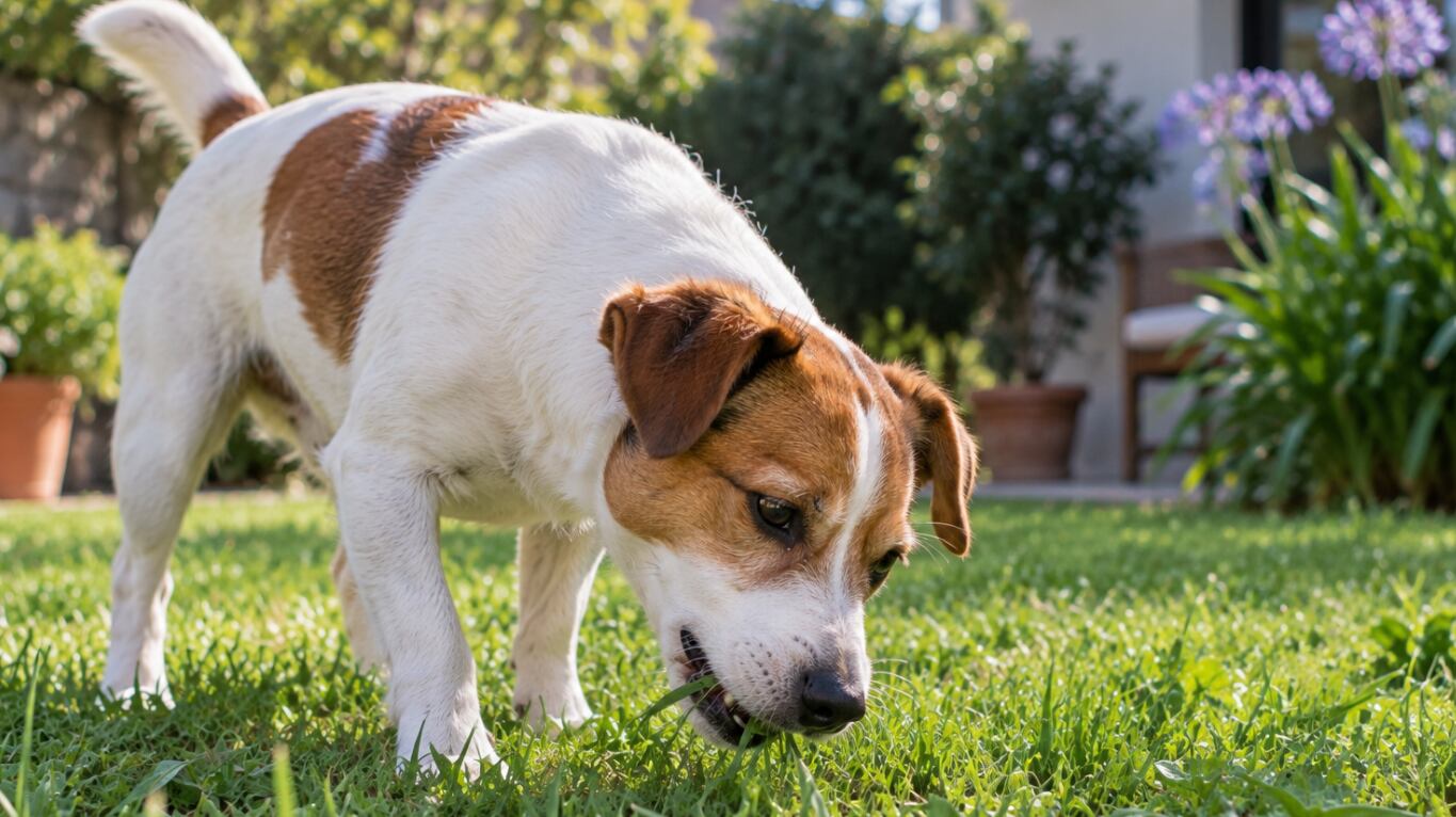 Los veterinarios recomiendan prestar atención si el consumo de pasto es excesivo o aparece junto con vómitos, diarrea o pérdida de apetito (Imagen creada con IA).
