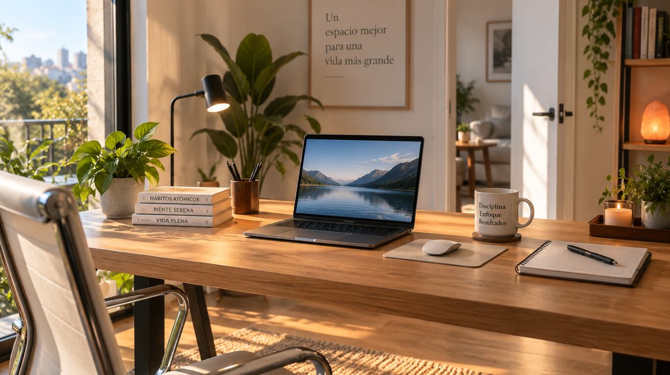 Un escritorio ordenado, con luz natural y espacio despejado favorece un ambiente de trabajo más cómodo y armonioso, según el Feng Shui (Imagen creada con IA).