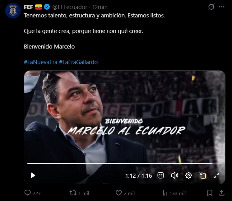El posteo de Ecuador anunciando a Gallardo como DT (Foto: X)