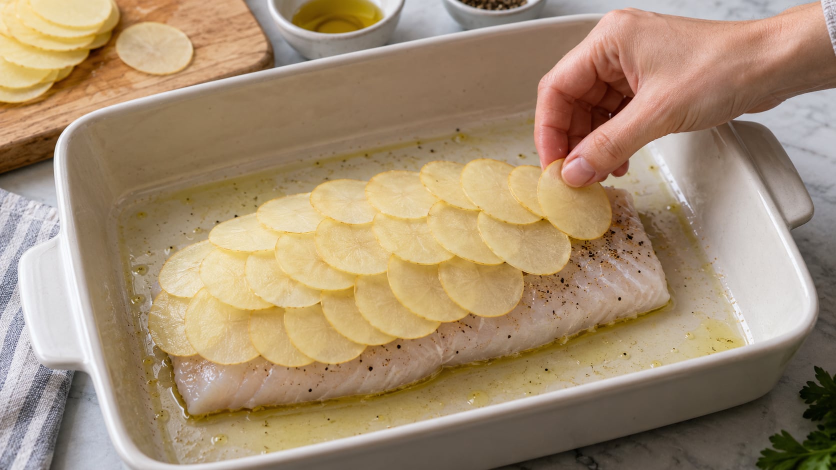 La cobertura con papas forma una corteza crocante sobre el pescado. (Imagen ilustrativa generada con IA)