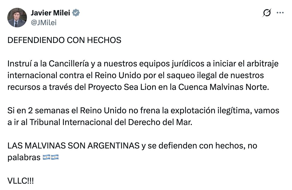 El mensaje de Milei por Malvinas este lunes en sus redes sociales. (Foto X@JMilei)