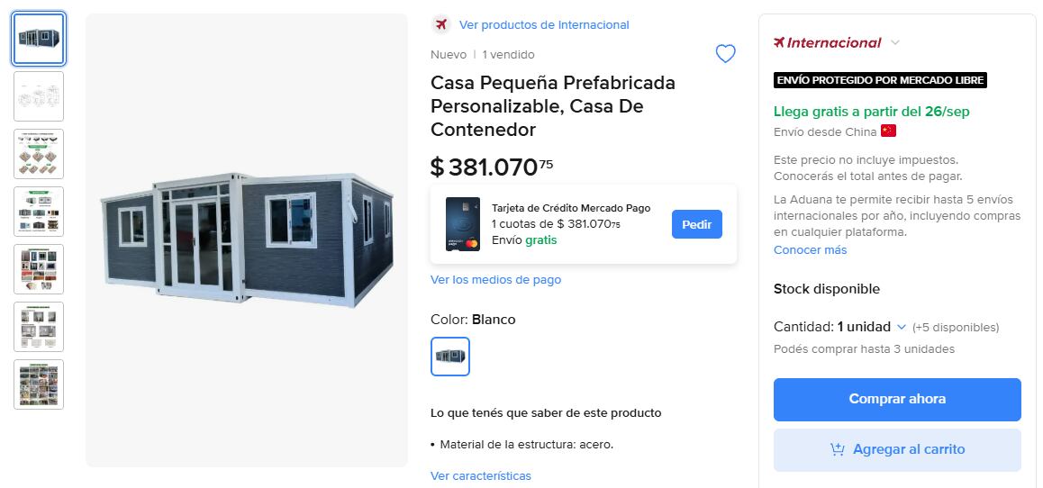 La casa prefabricada china que se vende online (Foto: Mercado Libre).