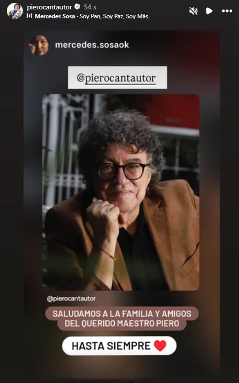 El mensaje que compartieron en las redes de Mercedes Sosa para despedir a Piero. (Foto: Instagram / pierocantautor)