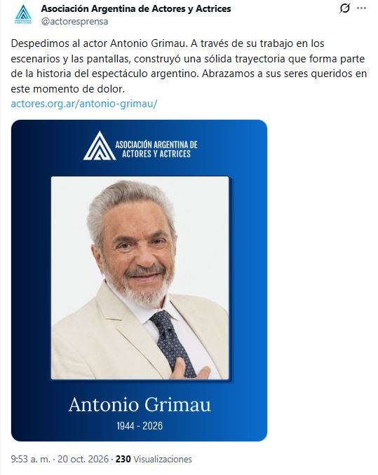 El comunicado de la Asociación Argentina de Actores en el que se comunicó la muerte de Antonio Grimau. (Foto: X/actoresprensa)
