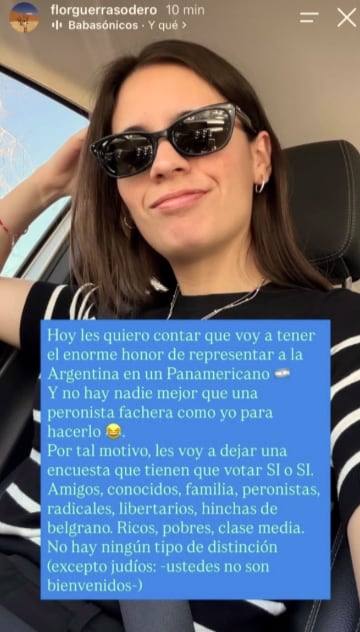 La deportista borró el posteo horas después. (Foto: captura Instagram / @florguerrasodero).