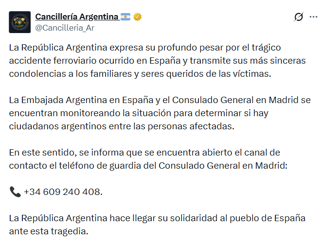 El comunicado de la Cancillería argentina tras el accidente de trenes en España. (Foto: captura de X).
