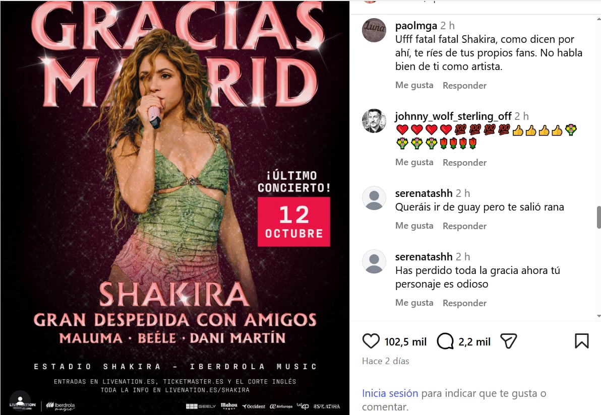 El anuncio de la nueva fecha de cierre de la residencia de Shakira en Madrid (Foto: Instagram).