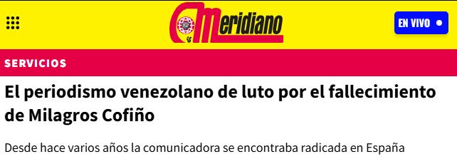 El medio Meridiano confirmó la muerte de la periodista. (Foto: Captura).