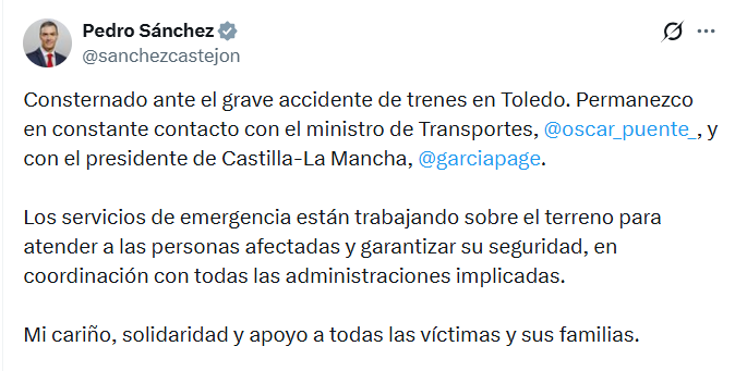 El mensaje de Pedro Sánchez tras el choque de trenes. (Foto: captura de X).